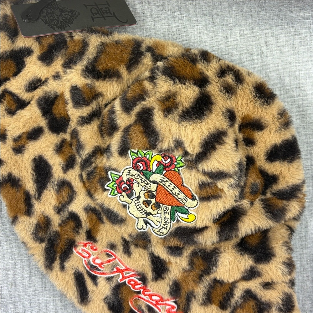 Ed Hardy Leopard Faux Fur Hat Skull Heart Y2K NWT